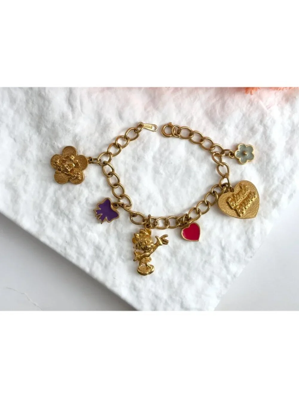 Disney Signed Minnie Mouse Friends Forever Charm Gold Toned Vintage Bracelet - Picture 11 of 16